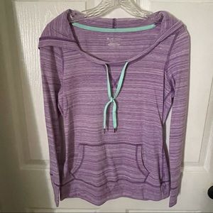 Women’s Tek Gear purple & white w/ aqua accents pullover with hood, pockets sz S
